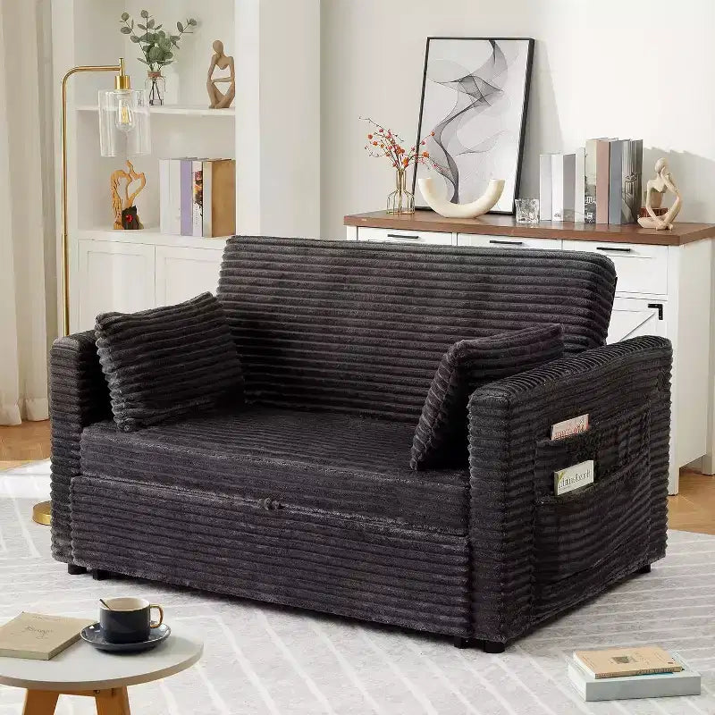 Loveseat Sleeper Sofa Bed, Pull Out Sofa Bed with Charging Ports and Side Pockets, Corduroy Couch with Adjustable Backrest for Living Room, Bedroom
