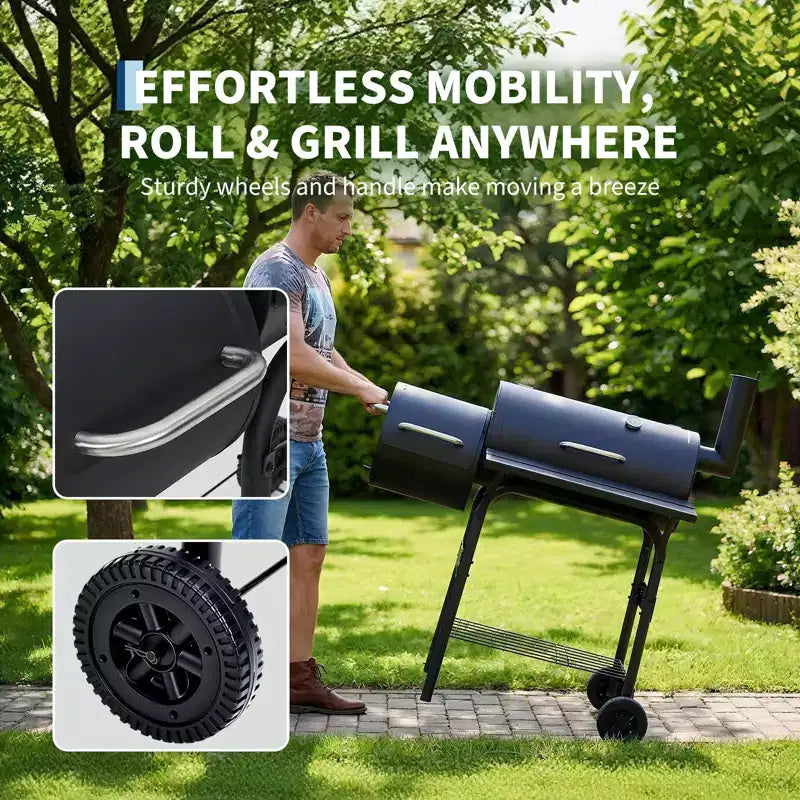 Barbecue à charbon de bois, barbecue d'extérieur en forme de tonneau, combinaison barbecue et fumoir pour terrasse, convient pour le camping, les repas, les terrasses et les jardins.