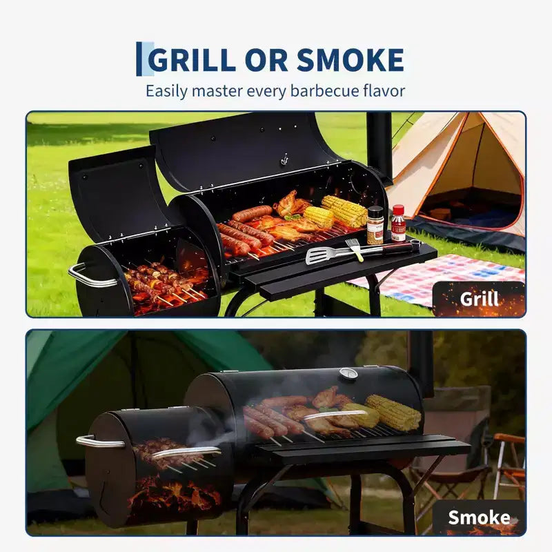 Barbecue à charbon de bois, barbecue d'extérieur en forme de tonneau, combinaison barbecue et fumoir pour terrasse, convient pour le camping, les repas, les terrasses et les jardins.