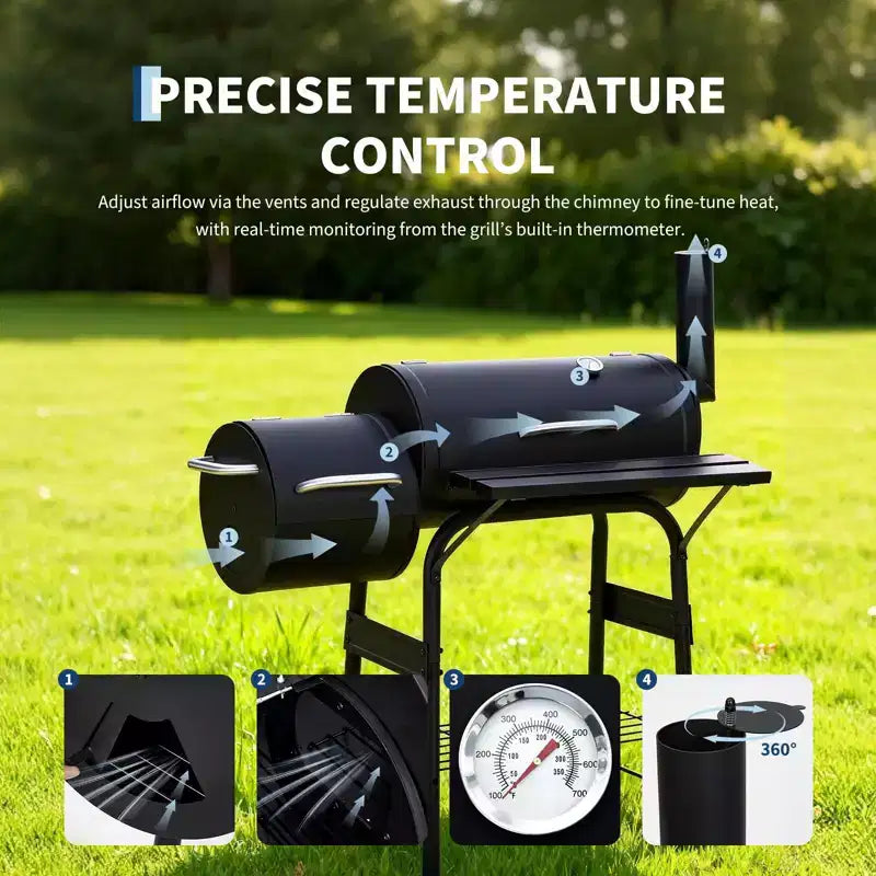 Barbecue à charbon de bois, barbecue d'extérieur en forme de tonneau, combinaison barbecue et fumoir pour terrasse, convient pour le camping, les repas, les terrasses et les jardins.