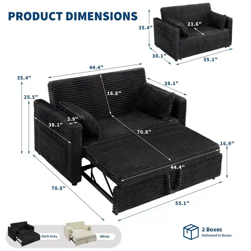 48'' Loveseat Sleeper Sofa Bed,Corduroy Couch with Adjustable Backrest, Side Pockets and Charging Station, Loveseat with Pull Out Bed for Living Room