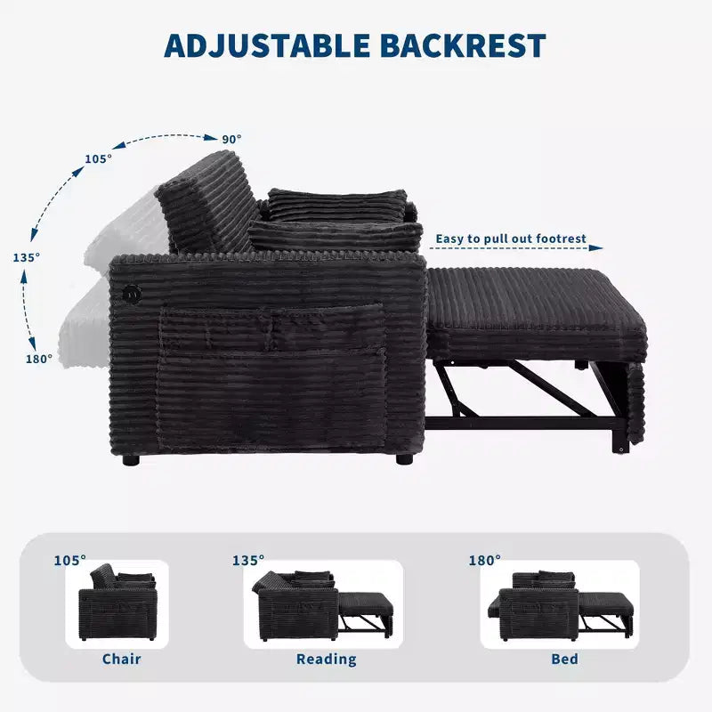 48'' Loveseat Sleeper Sofa Bed,Corduroy Couch with Adjustable Backrest, Side Pockets and Charging Station, Loveseat with Pull Out Bed for Living Room