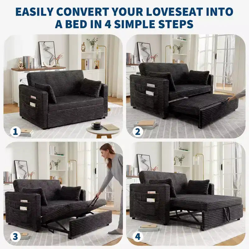 48'' Loveseat Sleeper Sofa Bed,Corduroy Couch with Adjustable Backrest, Side Pockets and Charging Station, Loveseat with Pull Out Bed for Living Room