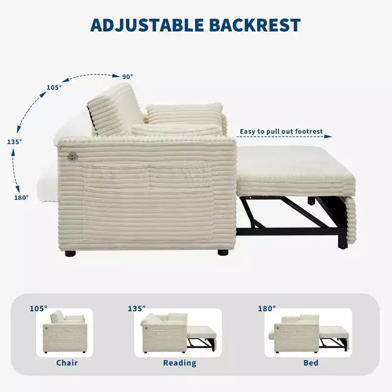 48'' Loveseat Sleeper Sofa Bed,Corduroy Couch with Adjustable Backrest, Side Pockets and Charging Station, Loveseat with Pull Out Bed for Living Room