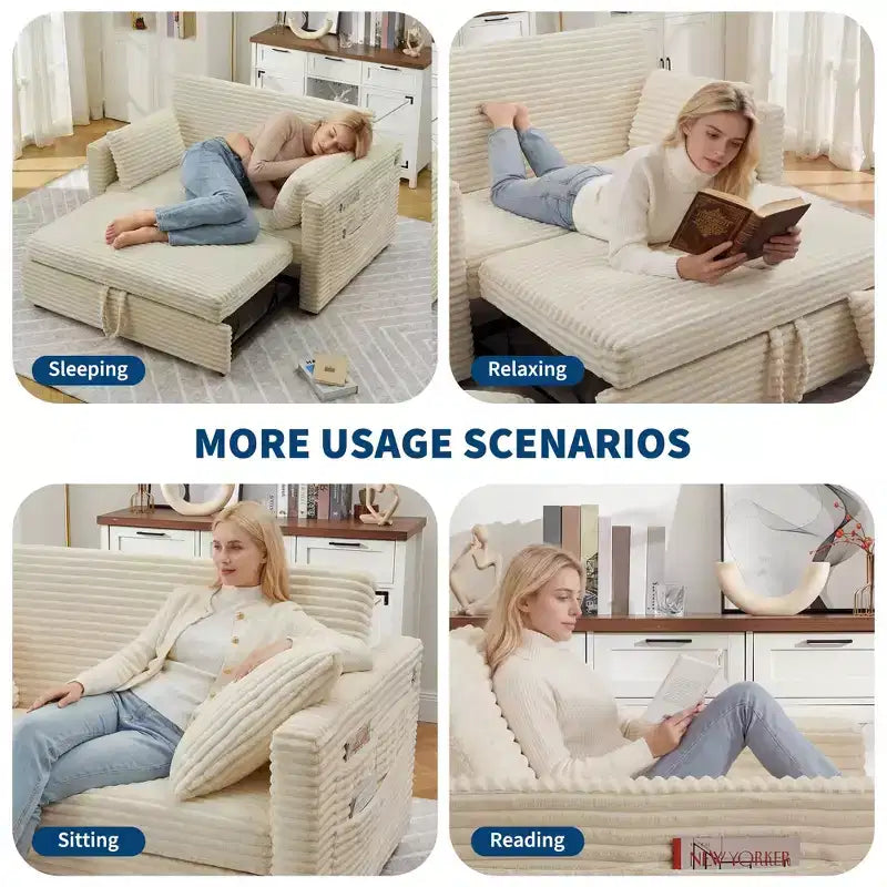 48'' Loveseat Sleeper Sofa Bed,Corduroy Couch with Adjustable Backrest, Side Pockets and Charging Station, Loveseat with Pull Out Bed for Living Room