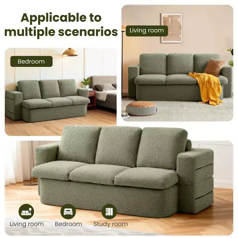 Canapé-lit pliant KERDOM 3 places, canapé avec oreillers en mousse à mémoire de forme, matelas en mousse haute densité pour salon, vert menthe