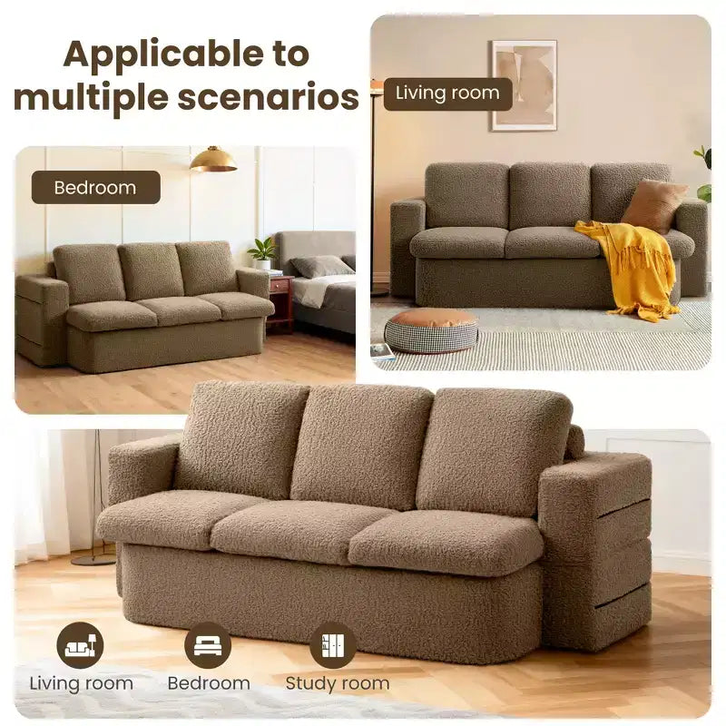 KERDOM 3 Seater Folding Sofa Bed, Memory Foam Sofa Couch With Pillows, High Density Foam Mattress for Living Room, Brown