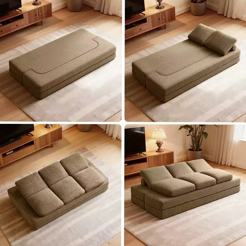 KERDOM 3 Seater Folding Sofa Bed, Memory Foam Sofa Couch With Pillows, High Density Foam Mattress for Living Room, Brown