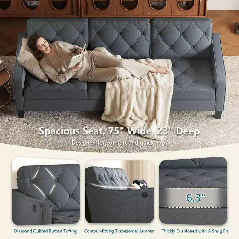 Canapé de salon moderne TYBOATLE avec port de chargement USB, canapé rembourré de style Mid-Century avec inclinaison ergonomique à 105° et ressorts ensachés de soutien