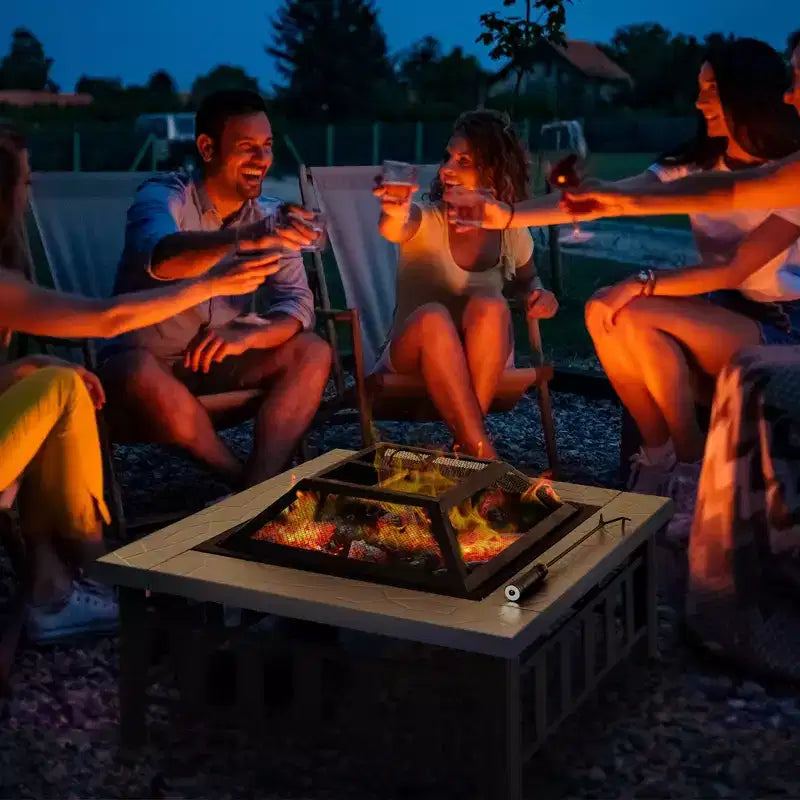34 Outdoor Fire Pit Square Steel Wood Burning Firepit Bowl with Spark Screen, Waterproof Cover, Log Grate, Poker for Backyard, Camping, BBQ, Bonfire