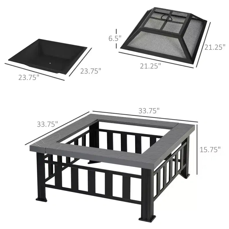 34 Outdoor Fire Pit Square Steel Wood Burning Firepit Bowl with Spark Screen, Waterproof Cover, Log Grate, Poker for Backyard, Camping, BBQ, Bonfire