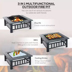 34 Outdoor Fire Pit Square Steel Wood Burning Firepit Bowl with Spark Screen, Waterproof Cover, Log Grate, Poker for Backyard, Camping, BBQ, Bonfire