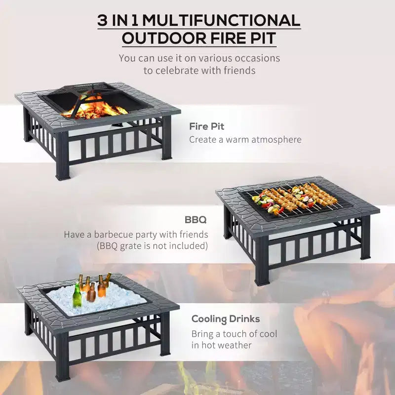 34 Outdoor Fire Pit Square Steel Wood Burning Firepit Bowl with Spark Screen, Waterproof Cover, Log Grate, Poker for Backyard, Camping, BBQ, Bonfire