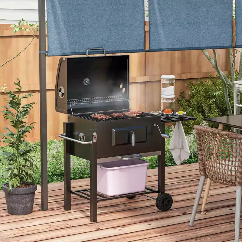 Barbecue grill au charbon de bois et fumoir combinés, portable sur chariot, pour camping, pique-nique, jardin, avec étagère latérale, noir