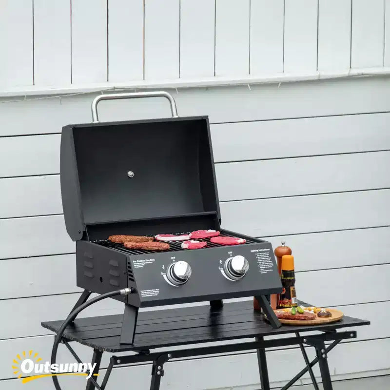 Barbecue au charbon de bois de 55 cm, grill portable avec 2 brûleurs, pieds pliables, cendrier amovible, thermomètre, pour cuisine extérieure, camping, noir