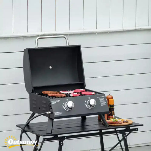 21.75 Charcoal BBQ, Portable Grill with 2 Burners, Folding Legs, Removable Ashtray, Thermometer, for Outdoor Cooking, Camping, Black