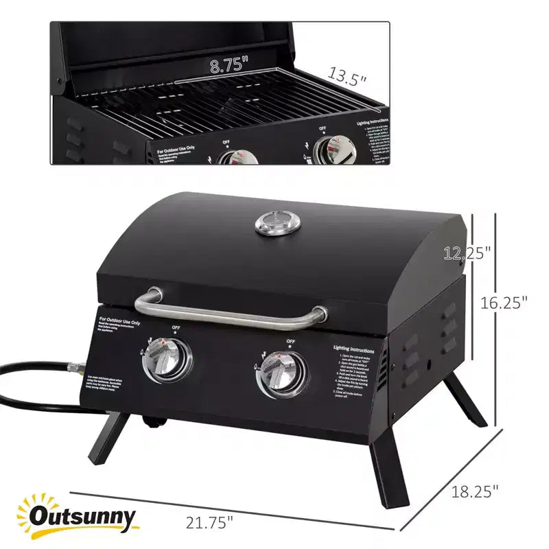 Barbecue au charbon de bois de 55 cm, grill portable avec 2 brûleurs, pieds pliables, cendrier amovible, thermomètre, pour cuisine extérieure, camping, noir