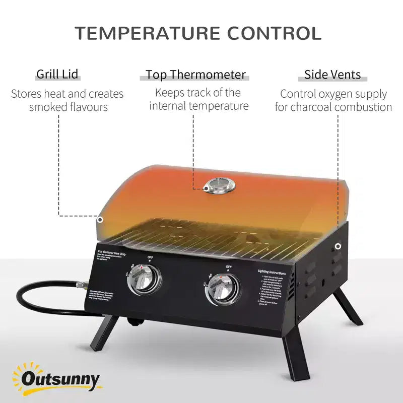 Barbecue au charbon de bois de 55 cm, grill portable avec 2 brûleurs, pieds pliables, cendrier amovible, thermomètre, pour cuisine extérieure, camping, noir