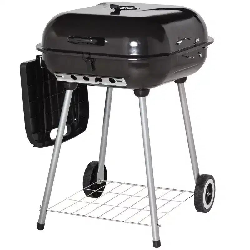 22 Charcoal Barbecue Grill with Portable Wheel, Side Tray and Lower Shelf for Outdoor BBQ for Garden, Backyard, Poolside
