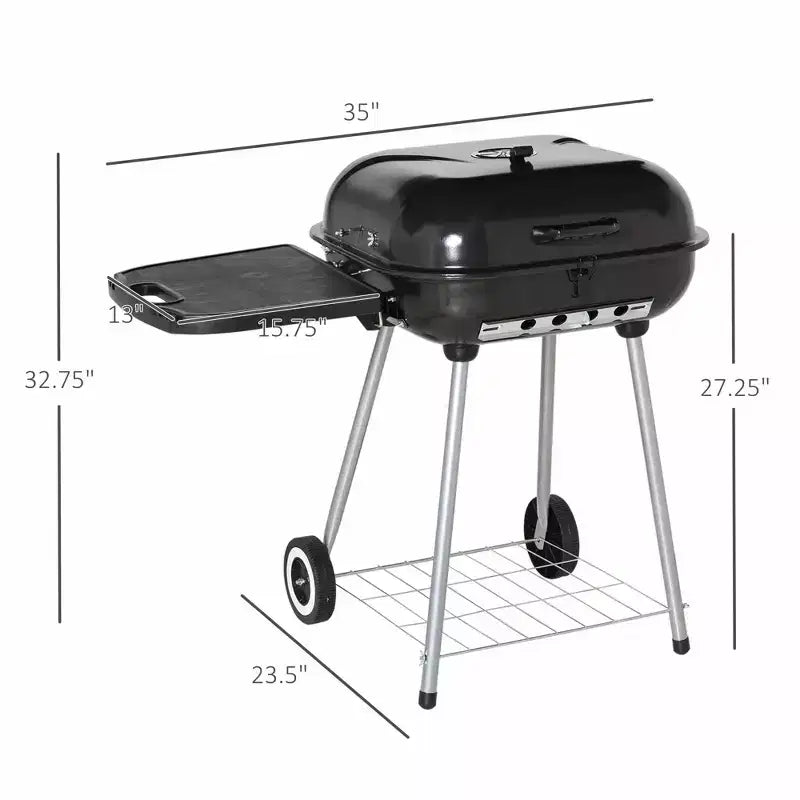 Barbecue au Charbon de Bois de 56 cm avec Roues Portables, Tablette Latérale et Étagère Inférieure pour Barbecue Extérieur, Jardin, Cour Arrière, Bord de Piscine