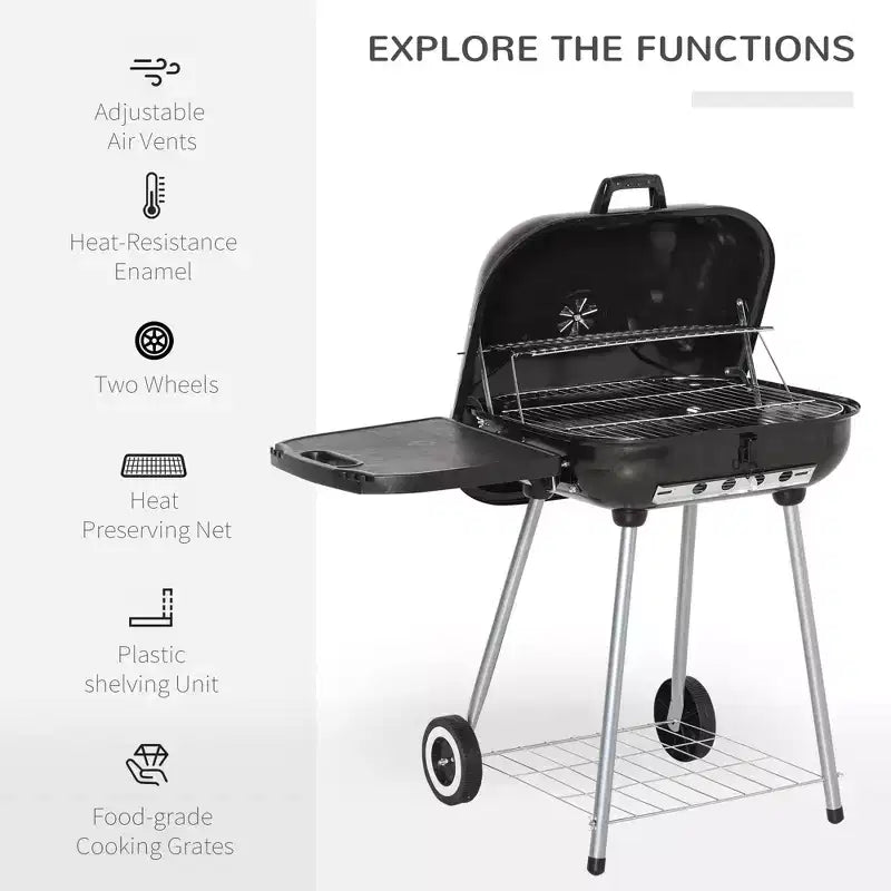 Barbecue au Charbon de Bois de 56 cm avec Roues Portables, Tablette Latérale et Étagère Inférieure pour Barbecue Extérieur, Jardin, Cour Arrière, Bord de Piscine