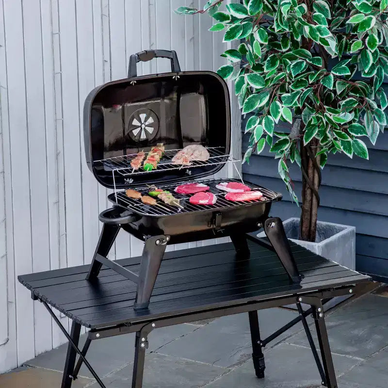 14 Portable Charcoal Grill, Tabletop Outdoor Small Grill with Heat Preservation Net, Venting System, Foldable Legs,for Camping, Backyard, Black