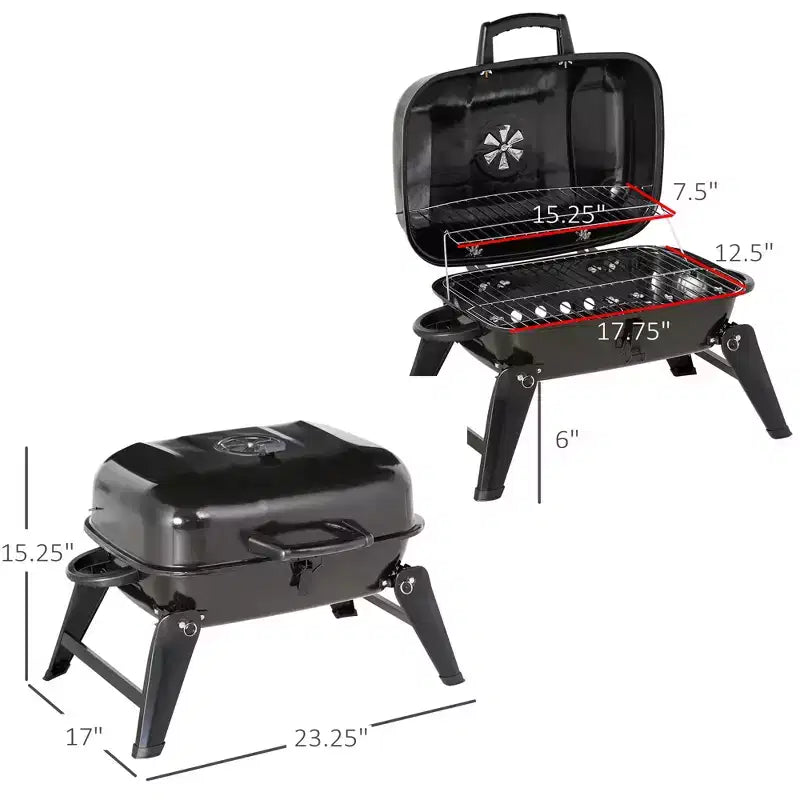 14 Portable Charcoal Grill, Tabletop Outdoor Small Grill with Heat Preservation Net, Venting System, Foldable Legs,for Camping, Backyard, Black