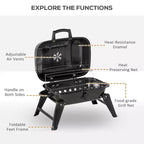14 Portable Charcoal Grill, Tabletop Outdoor Small Grill with Heat Preservation Net, Venting System, Foldable Legs,for Camping, Backyard, Black