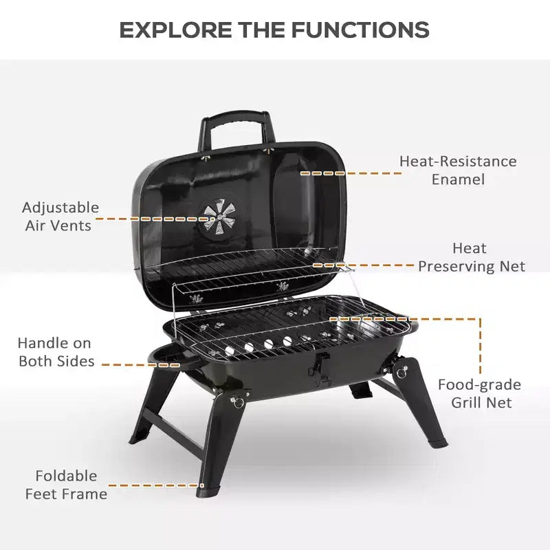 14 Portable Charcoal Grill, Tabletop Outdoor Small Grill with Heat Preservation Net, Venting System, Foldable Legs,for Camping, Backyard, Black