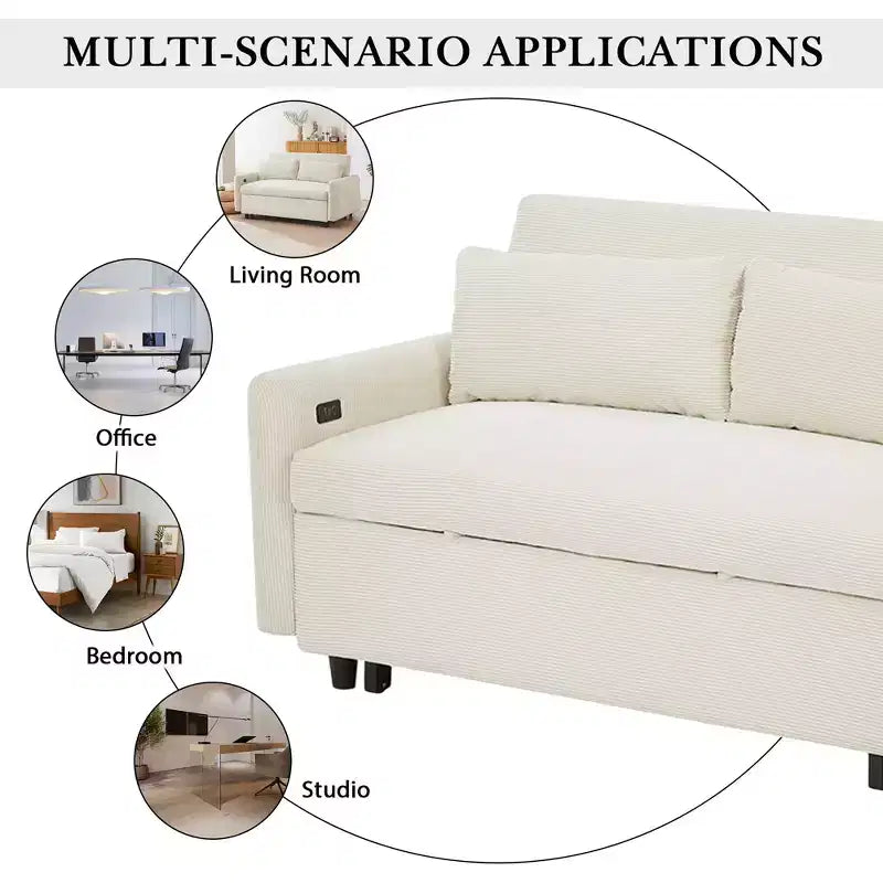 Canapé-lit moderne FurnitureR rembourré avec lit gigogne, causeuse convertible pour salon, appartement ou chambre d'amis, crème