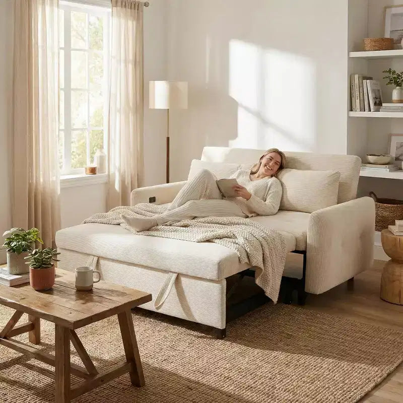 Canapé-lit moderne FurnitureR rembourré avec lit gigogne, causeuse convertible pour salon, appartement ou chambre d'amis, crème