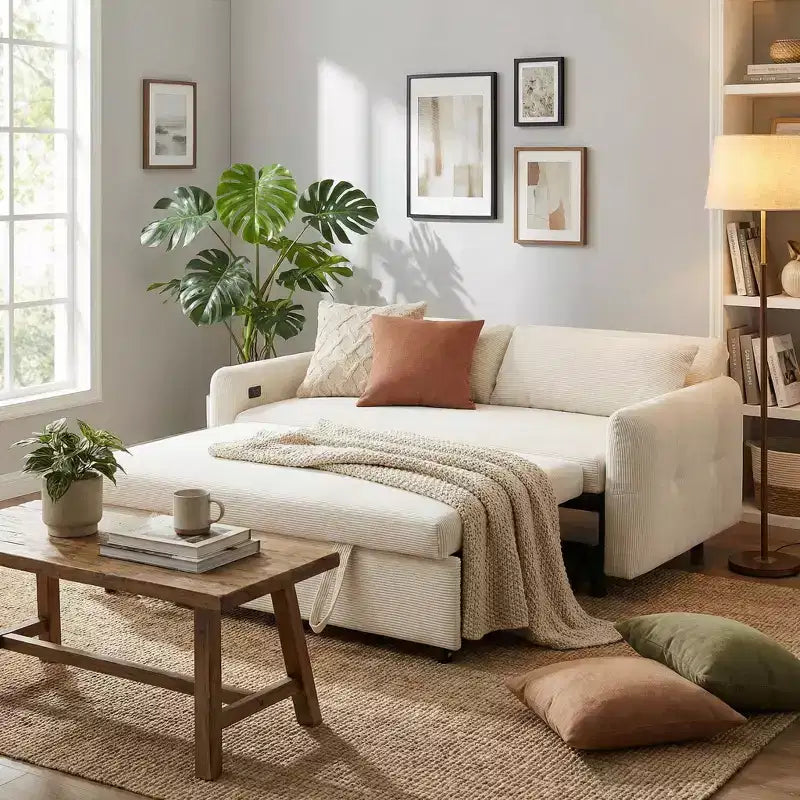 Canapé-lit moderne FurnitureR rembourré avec lit gigogne, causeuse convertible pour salon, appartement ou chambre d'amis, crème