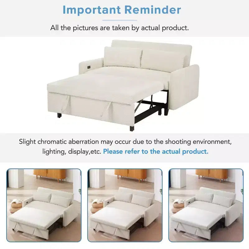 Canapé-lit moderne FurnitureR rembourré avec lit gigogne, causeuse convertible pour salon, appartement ou chambre d'amis, crème