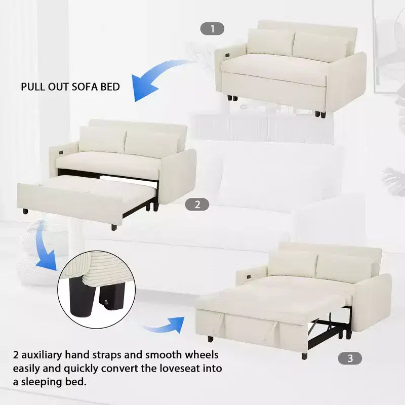 Canapé-lit moderne FurnitureR rembourré avec lit gigogne, causeuse convertible pour salon, appartement ou chambre d'amis, crème