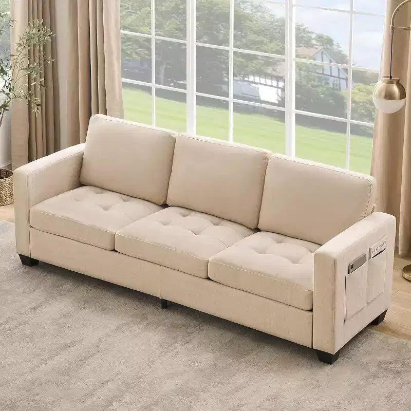 Canapé 3 places, canapé moderne 89 avec accoudoirs, canapé avec sièges extra profonds pour salon, chambre, appartement et bureau, en chenille beige.