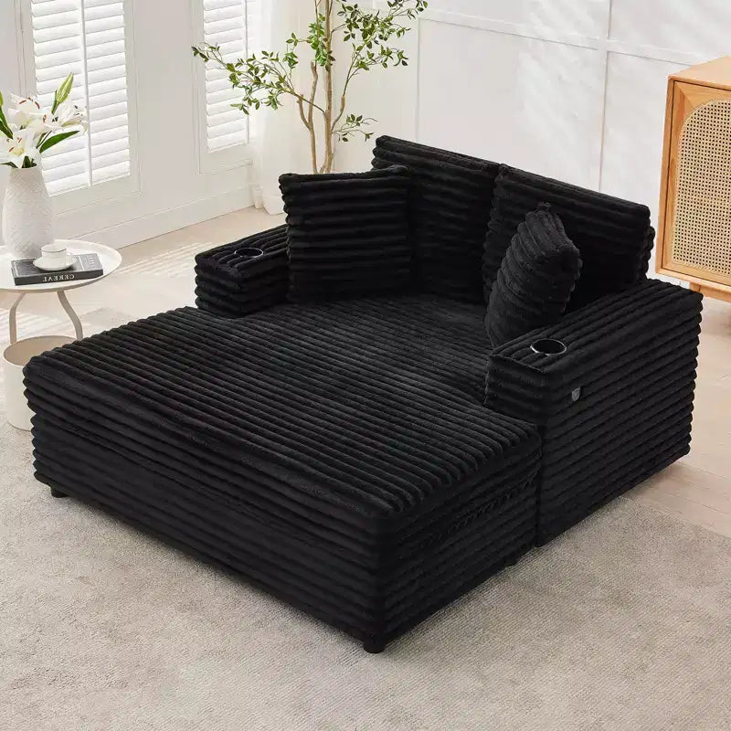 Oversized Corduroy Chaise, Deep Seat Sleeper Sofa Bed with Armrests, Soft Upholstery, Cup Holder, for Home, Bedroom, Office