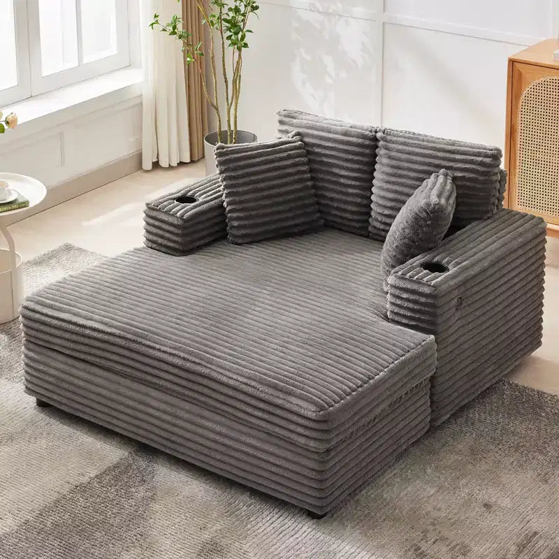 Oversized Corduroy Chaise, Deep Seat Sleeper Sofa Bed with Armrests, Soft Upholstery, Cup Holder, for Home, Bedroom, Office