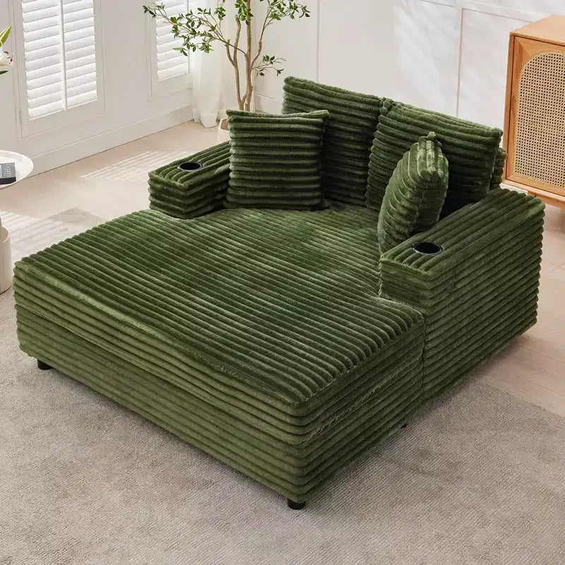 Oversized Corduroy Chaise, Deep Seat Sleeper Sofa Bed with Armrests, Soft Upholstery, Cup Holder, for Home, Bedroom, Office