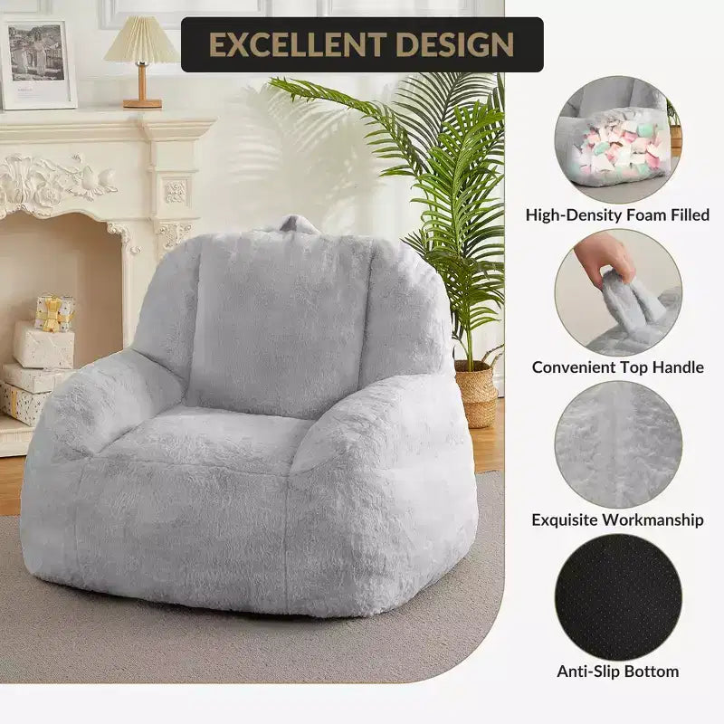 Plush Faux Fur Bean Bag Chair for Adults, Extra Large Filled Floor Sofa with Handle, Cozy Lounge Seat for Home
