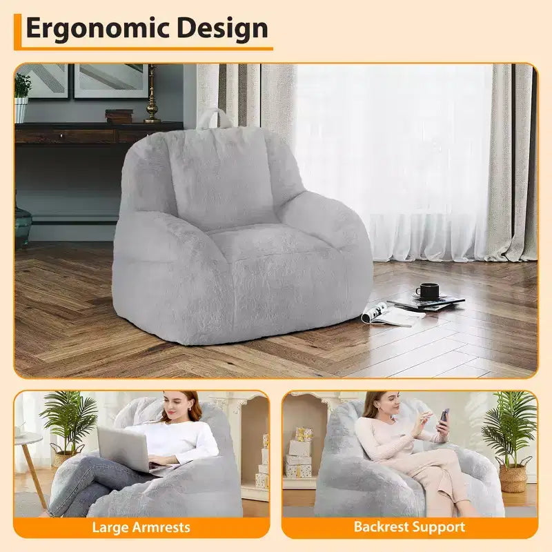 Plush Faux Fur Bean Bag Chair for Adults, Extra Large Filled Floor Sofa with Handle, Cozy Lounge Seat for Home