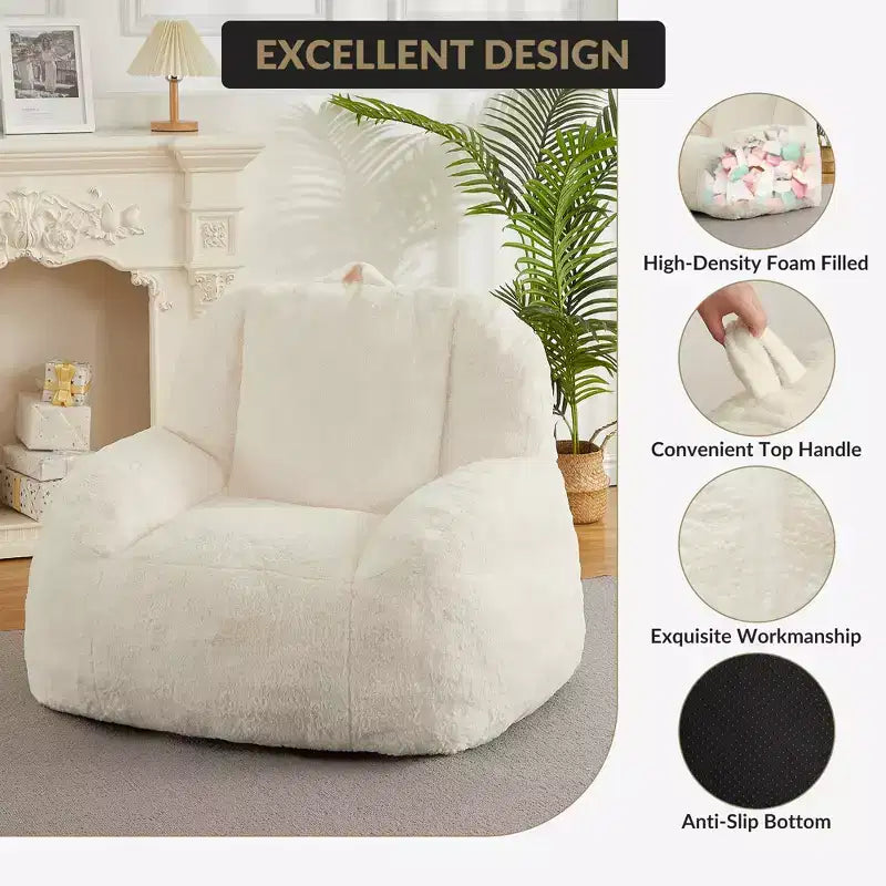 Plush Faux Fur Bean Bag Chair for Adults, Extra Large Filled Floor Sofa with Handle, Cozy Lounge Seat for Home