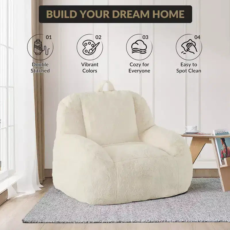 Plush Faux Fur Bean Bag Chair for Adults, Extra Large Filled Floor Sofa with Handle, Cozy Lounge Seat for Home