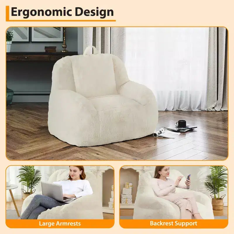 Plush Faux Fur Bean Bag Chair for Adults, Extra Large Filled Floor Sofa with Handle, Cozy Lounge Seat for Home