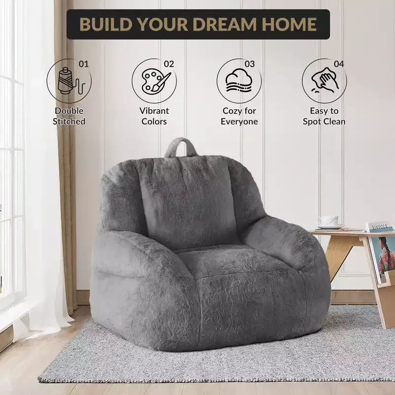 Plush Faux Fur Bean Bag Chair for Adults, Extra Large Filled Floor Sofa with Handle, Cozy Lounge Seat for Home