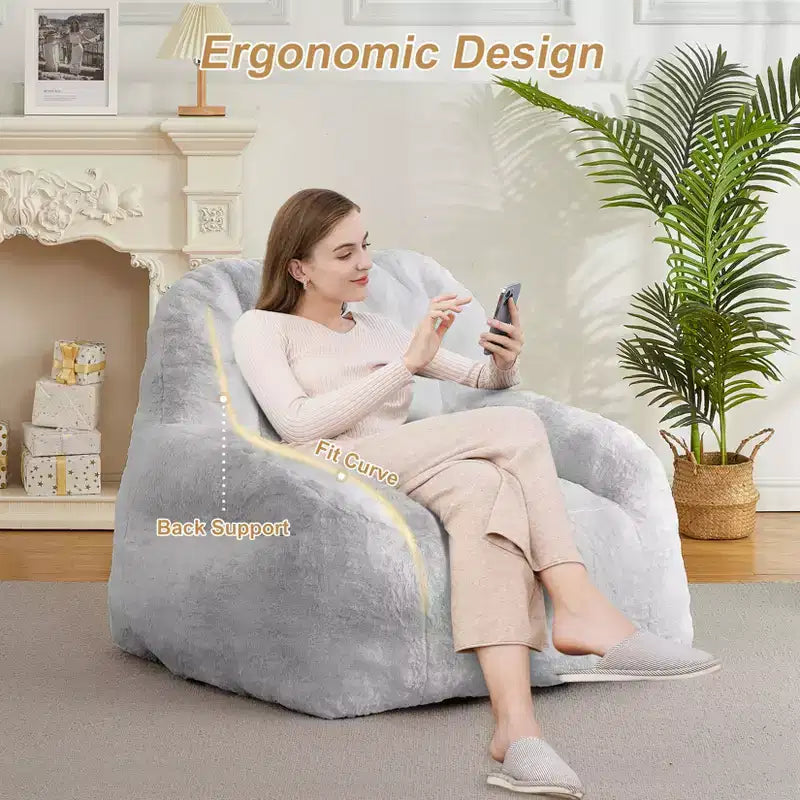 Plush Faux Fur Bean Bag Chair for Adults, Extra Large Filled Floor Sofa with Handle, Cozy Lounge Seat for Home