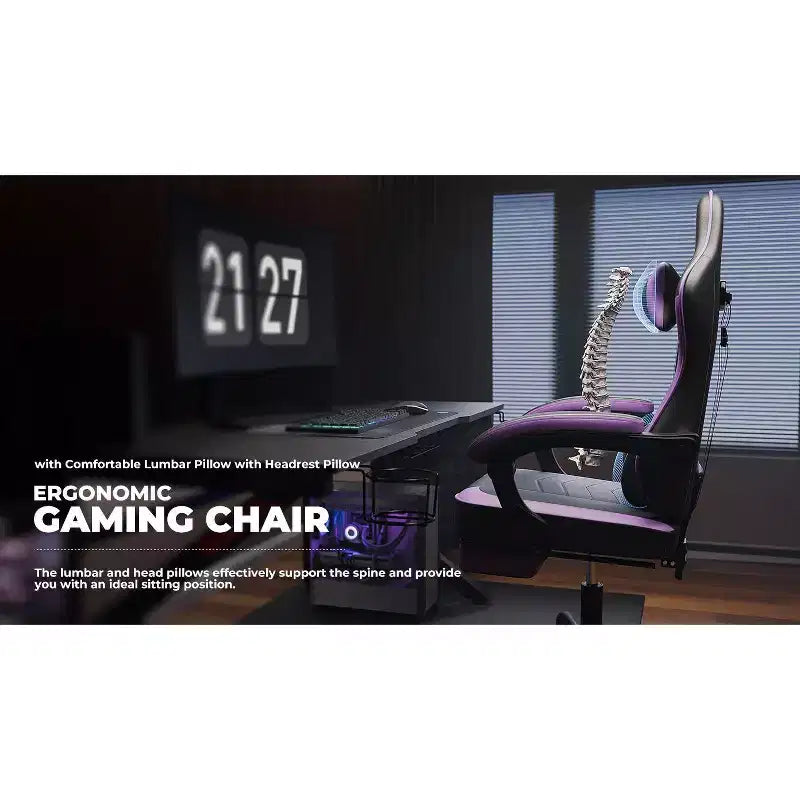Chaise de jeu ergonomique Ora Maison avec repose-pieds et soutien lombaire massant, chaise d'ordinateur pivotante réglable en hauteur pour adultes, capacité de 136 kg, violet