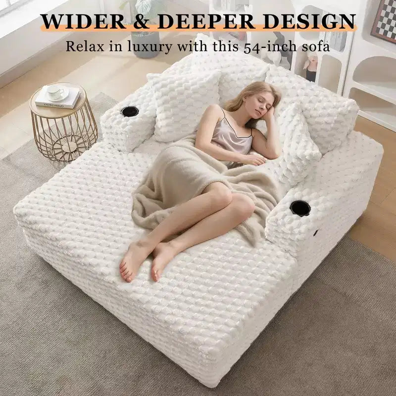 60 Oversized Chaise Lounge with USB Ports - Corduroy Upholstered Sofa Bed with Cup Holders for Living Room Bedroom - Beige
