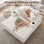 60 Oversized Chaise Lounge with USB Ports - Corduroy Upholstered Sofa Bed with Cup Holders for Living Room Bedroom - Beige