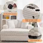 60 Oversized Chaise Lounge with USB Ports - Corduroy Upholstered Sofa Bed with Cup Holders for Living Room Bedroom - Beige
