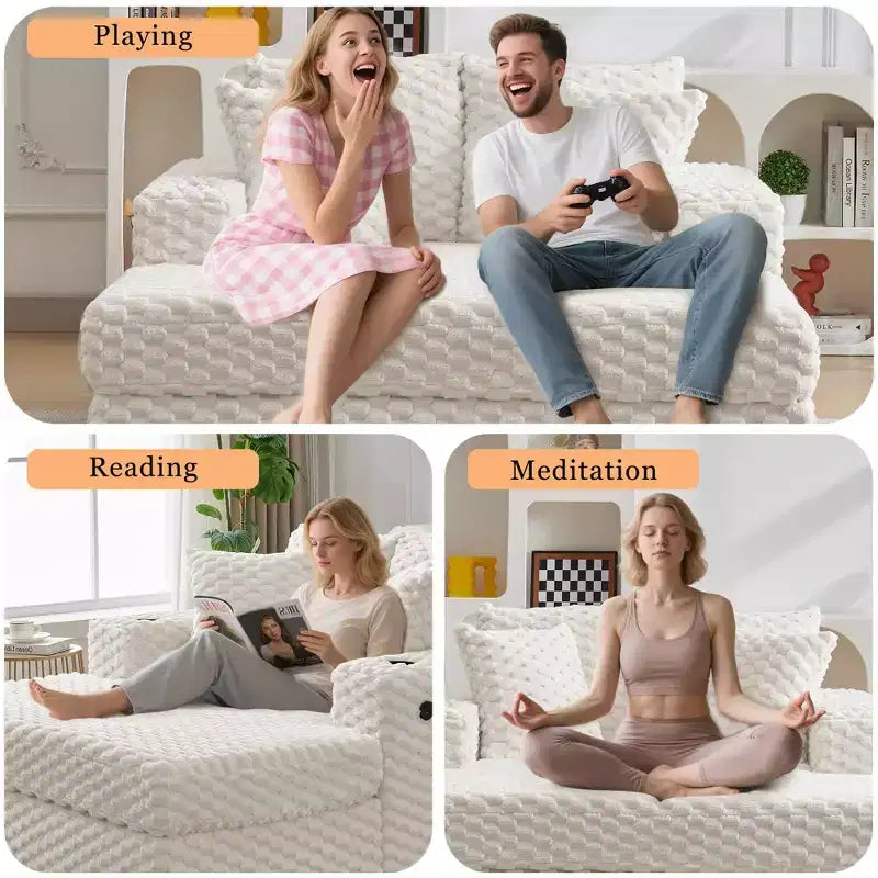 60 Oversized Chaise Lounge with USB Ports - Corduroy Upholstered Sofa Bed with Cup Holders for Living Room Bedroom - Beige